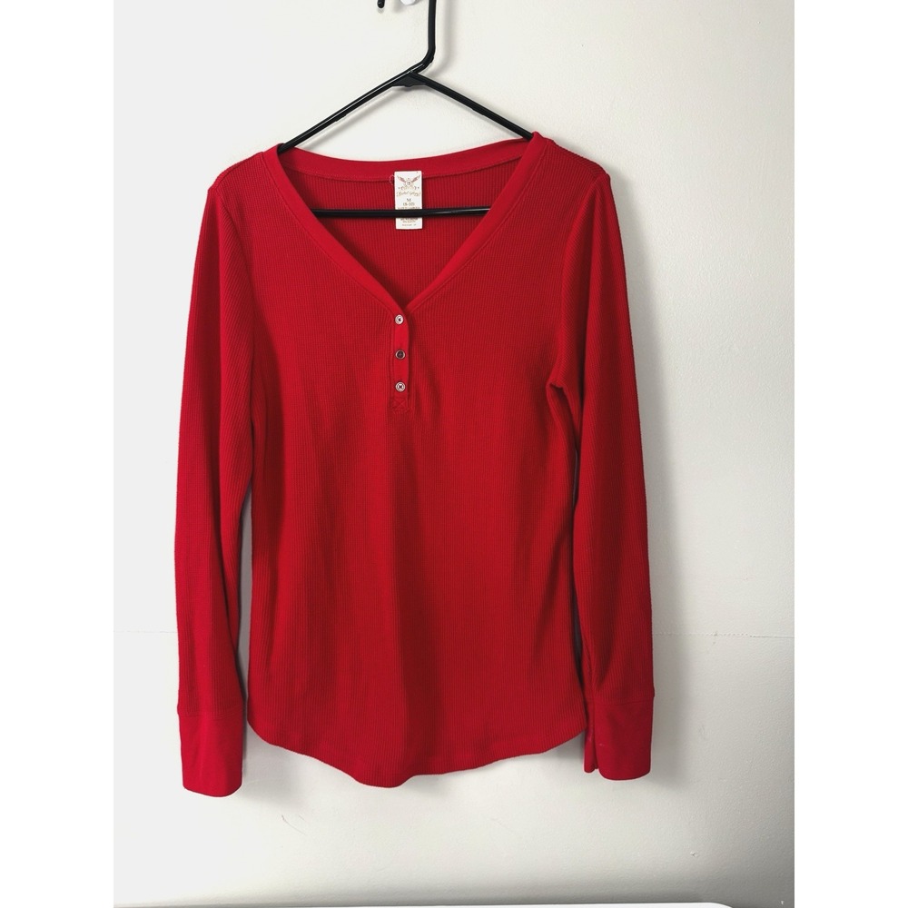 Y2K Henley Top Faded Glory Red Medium Waffle Knit Layers Nautical Cottagecore